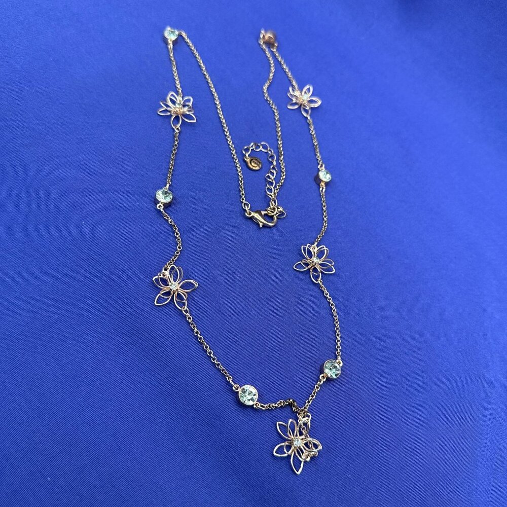 C1946 Long Gold-Tone Flower & Clear Crystal Station Necklace - Picture 13 of 15